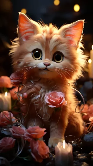 迪士尼Pixar风格：可爱小猫与花朵的肖像，精致细节与电影级光影