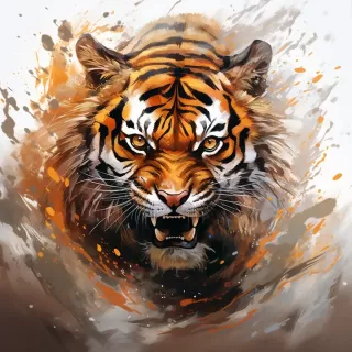 老虎奔跑水彩喷溅矢量插画，风格为罗斯·特兰，深邃琥珀色，充满力量与情感的肖像，比赛获胜作品，动物描绘，引人注目。