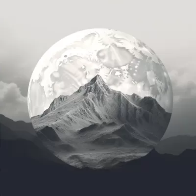 “夜幕降臨，兩座峻峭山峰之間的逼真巨灰月，如畫般細致入微。”