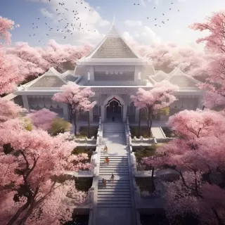 印尼风格的美丽墓地，樱花环绕