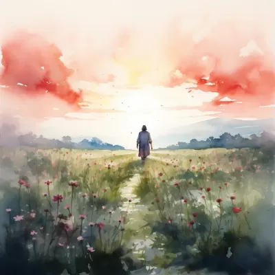 《夕陽下的田野：耶穌與花朵共舞》