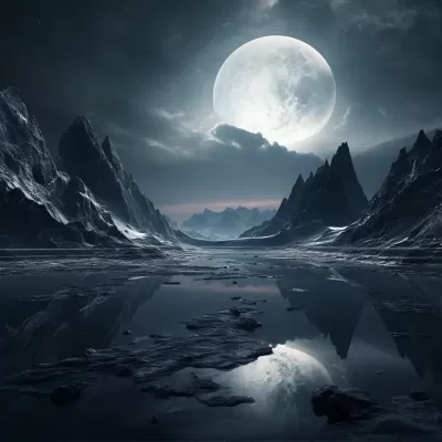 “夜幕降臨，兩座峻峭山峰之間的逼真巨灰月，如畫般細致入微。”