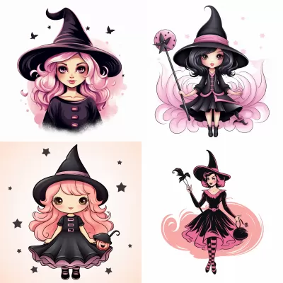 迷人復古粉嫩魔女：萬圣節剪貼藝術，充滿童趣，干凈白底勾勒！