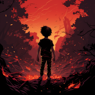 “火焰中的少年，魔鬼注視之下”