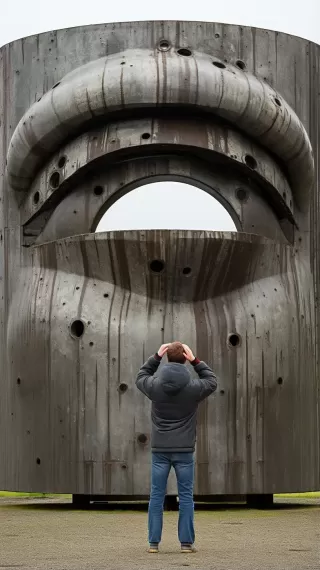 超现实主义雕塑：手遮面的巨大规模幻觉