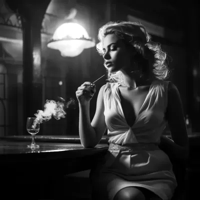 黑白畫(huà)面一位優(yōu)雅的女士身處一家酒吧中