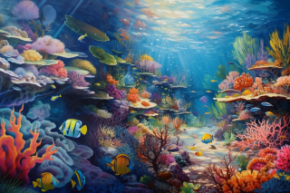 美麗油畫：珊瑚礁魚兒嬉水，迷人熱帶海洋場景，引人入勝之旅。