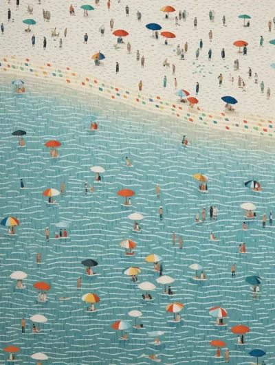 沙灘上的人與傘，細節豐富如 Lucy Grussmth 和 Hiroshi Nagai，鳥瞰視角展現，條紋畫卷，青綠與米色交織，動感點彩風格——A3:4尺寸，原始風格