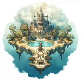 最终幻想XII风格：浮空岛屿上的修道院建筑与棋盘游戏