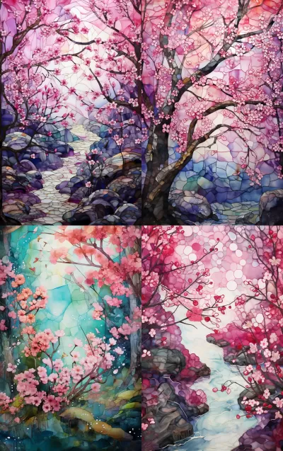 醉人魅力綻放，在櫻花森林中品味酒精墨彩的分形鑲嵌