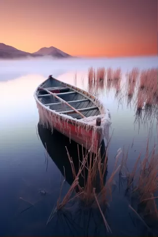 湖光山色：碧波荡漾，远山倒影，薄雾轻纱，一叶扁舟若隐若现。高清超写实风光摄影，国家地理美景尽收眼底。