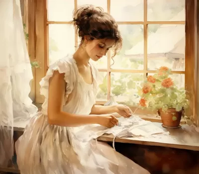 Cecily Mary Barker的風(fēng)格描繪了一個家庭婦女在家中做家務(wù)