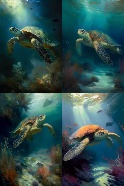 《海龜穿梭珊瑚海，重現名家繪畫》