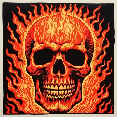 燃燒的靈魂： reliefe print 中的 SKULL ON FIRE
