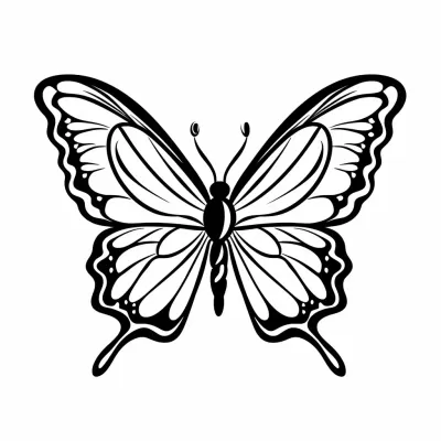 蝴蝶涂色頁：兒童動畫手繪插圖風格，黑白色調，粗線條，適合幼兒，簡單可愛。