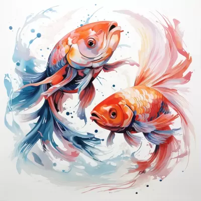 絢麗抽象：彼得·馬克斯風格，白底雙魚逆游，橙紫藍，迷幻十二宮