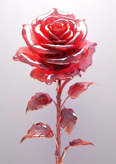 透明紅色玻璃玫瑰，逼真超清3D藝術，未來感科幻插畫