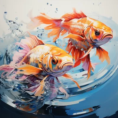 絢麗抽象：彼得·馬克斯風格，白底雙魚逆游，橙紫藍，迷幻十二宮