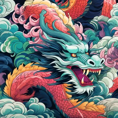 這個圖片的標題可以是“龍與波普藝術相融的紡織圖案”。