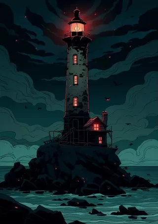 恐怖灯塔与黑暗之海与老屋：万圣节复古风格卡通海报