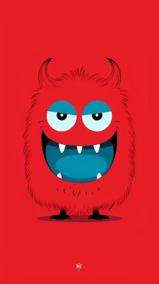 红背景上的极简主义蓝调小怪兽：万圣节创意插画