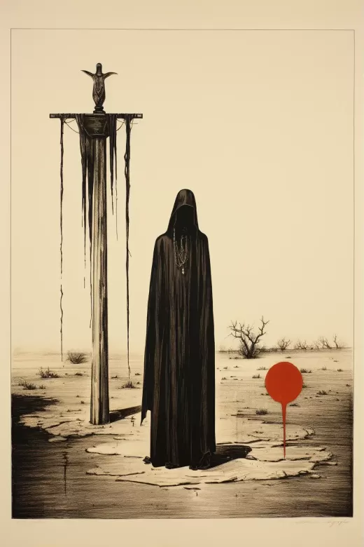 1970s簡約木刻版畫：約翰·肯尼思·莫爾森的殘破將軍雕像