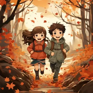秋日里，中国小男孩和小女孩在桦树林里与小狗嬉戏，红枫叶飘落，画面充满欢乐。