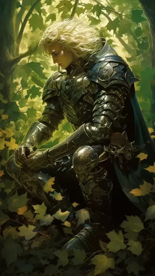 剑斧跪骑士：70年代暗黑奇幻书封面插画，绿叶藤蔓华丽自然盔甲