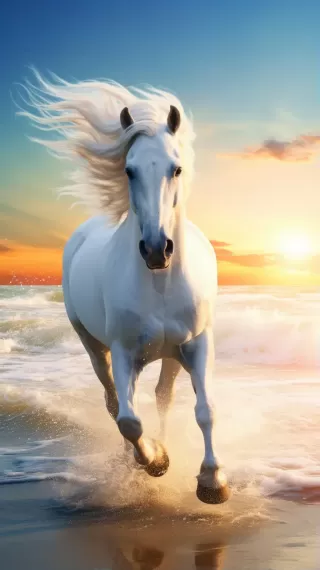 白马奔腾碧海沙滩，日出时分的绚丽景象