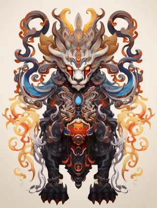 中国神话动物全貌彩色水墨插画：商周装饰风格与独特角色设计