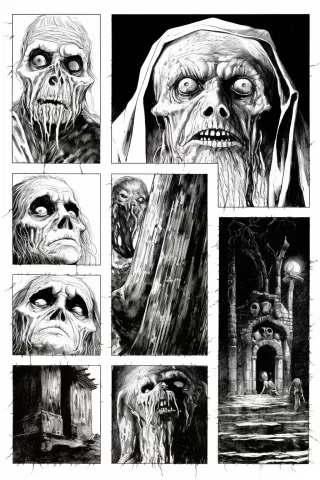 1970年代经典中世纪恐怖漫画：城堡中召唤恶魔场景2. 清晰可见的详细面孔，正确的解剖学，召唤恶魔场景，1970年代的经典中世纪恐怖漫画，城堡，魔鬼，书籍，地牢，魔术师，对话，可怕的场景，水墨画和黑白，伯尼怀特斯顿漫画艺术风格，5面板-ar 2:3