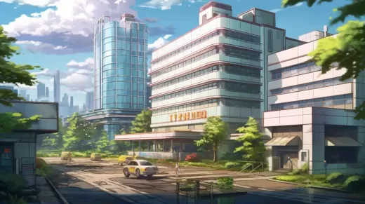 日本醫(yī)院2D動畫，海外背景，夸張風格，8K分辨率，16:9寬屏，5.1聲道，立體聲。