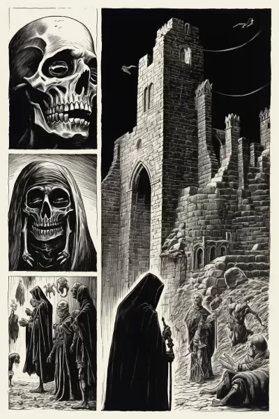 1970年代經典中世紀恐怖漫畫：城堡中召喚惡魔場景2. 清晰可見的詳細面孔，正確的解剖學，召喚惡魔場景，1970年代的經典中世紀恐怖漫畫，城堡，魔鬼，書籍，地牢，魔術師，對話，可怕的場景，水墨畫和黑白，伯尼懷特斯頓漫畫藝術風格，5面板-ar 2:3