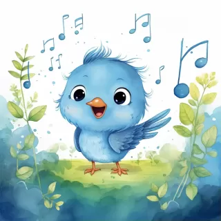 可爱的蓝色云朵与音符：水彩风格卡通鸟在草地上
