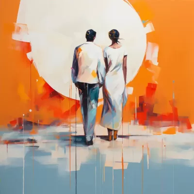 当代艺术：白衬衫男子与长橙色披风女子之间的距离