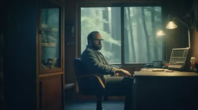 孤獨父親在破舊木屋辦公室，冷光下玩35mm膠片，廣告風格，16:9畫面比例，5.1聲道