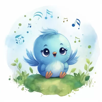 可爱的蓝色云朵与音符：水彩风格卡通鸟在草地上