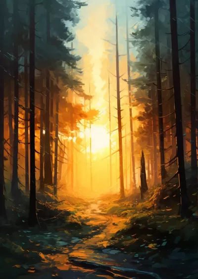 阳光透过树梢的森林，自然魅力与宁静氛围