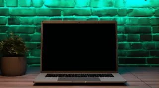 2023款MacBook Pro摆放在深色木桌上，背景为绿色发光砖墙和绿植，画面逼真。