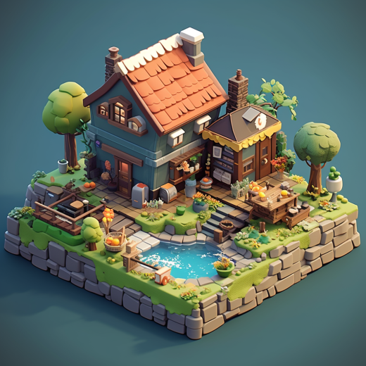 3D渲染的小房子與花園： 采用了low-poly視覺藝術(shù)風格，既簡單又富有生活氣息的場景。