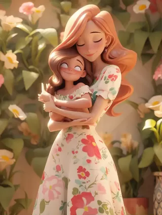 温暖母女拥抱，花香阳光下的创意插画