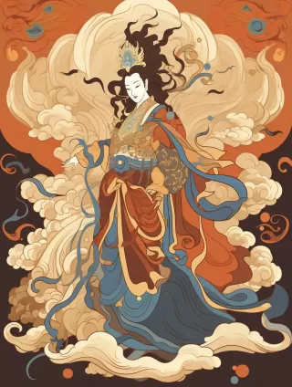 彩色水墨画艺术：中国古代神话动物凤凰全身透视图- Midjourney国内中文 