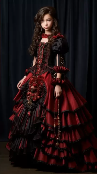 一位西方少女的维多利亚时代舞会礼服与配饰：深红与午夜黑的活力色彩