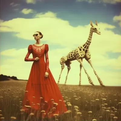 1910年代超现实主义：17岁少女漫步田野，红裙飘逸，背景奇异梦幻