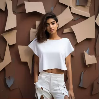一位印度年轻女模特，白色素色露肩上衣搭配半袖，在抽象墙前摆姿势