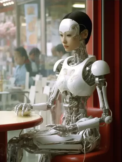 《80年代中国：美丽机器人与人类美女共进晚餐》