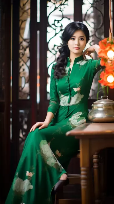 20岁美女的越南风情：翡翠绿与珍珠白的Aodai与配饰