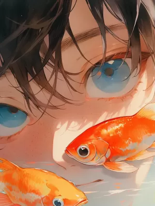 梦幻水中男孩与红鱼的温情对视