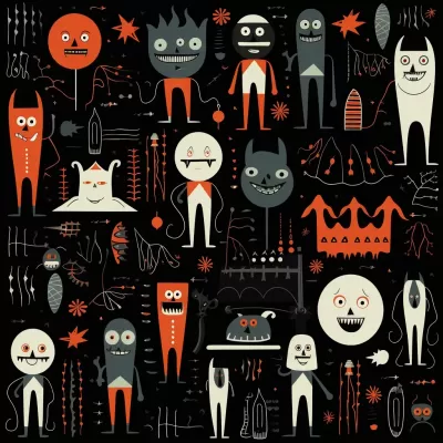 复古纺织品图案：黑底上的吸血鬼、弗兰肯斯坦和幽灵与巫婆