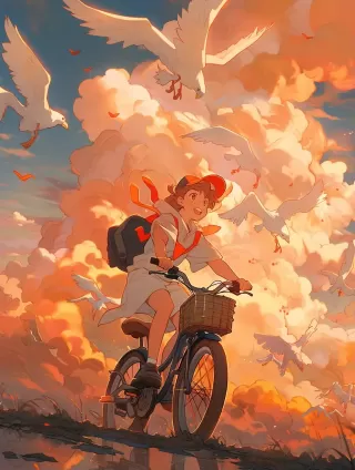 宫崎骏的天空飞兽：夕阳下的飞行自行车
